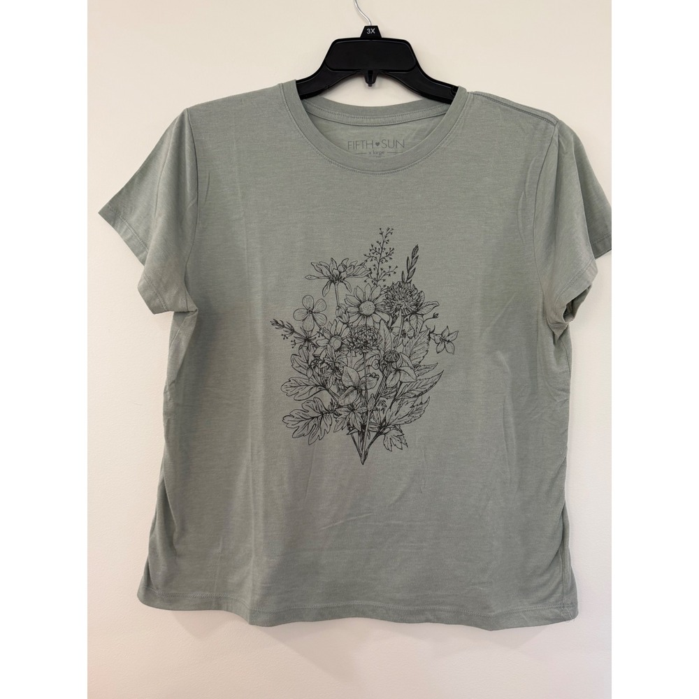 Fifth Sun Womens Wildflower Graphic Tee Sage Green Floral T-Shirt XL
